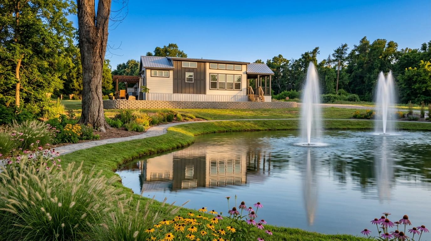 Fountains on the pond at Sage by the Pond in Fairfield, Texas